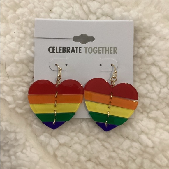 Celebrate Together Pride themed heart earrings with fishhook backing - Picture 1 of 5